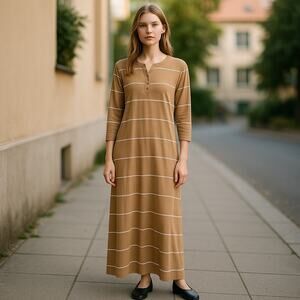 Marimekko Tan White Long Cotton Maxi Henley Dress size large long sleeve